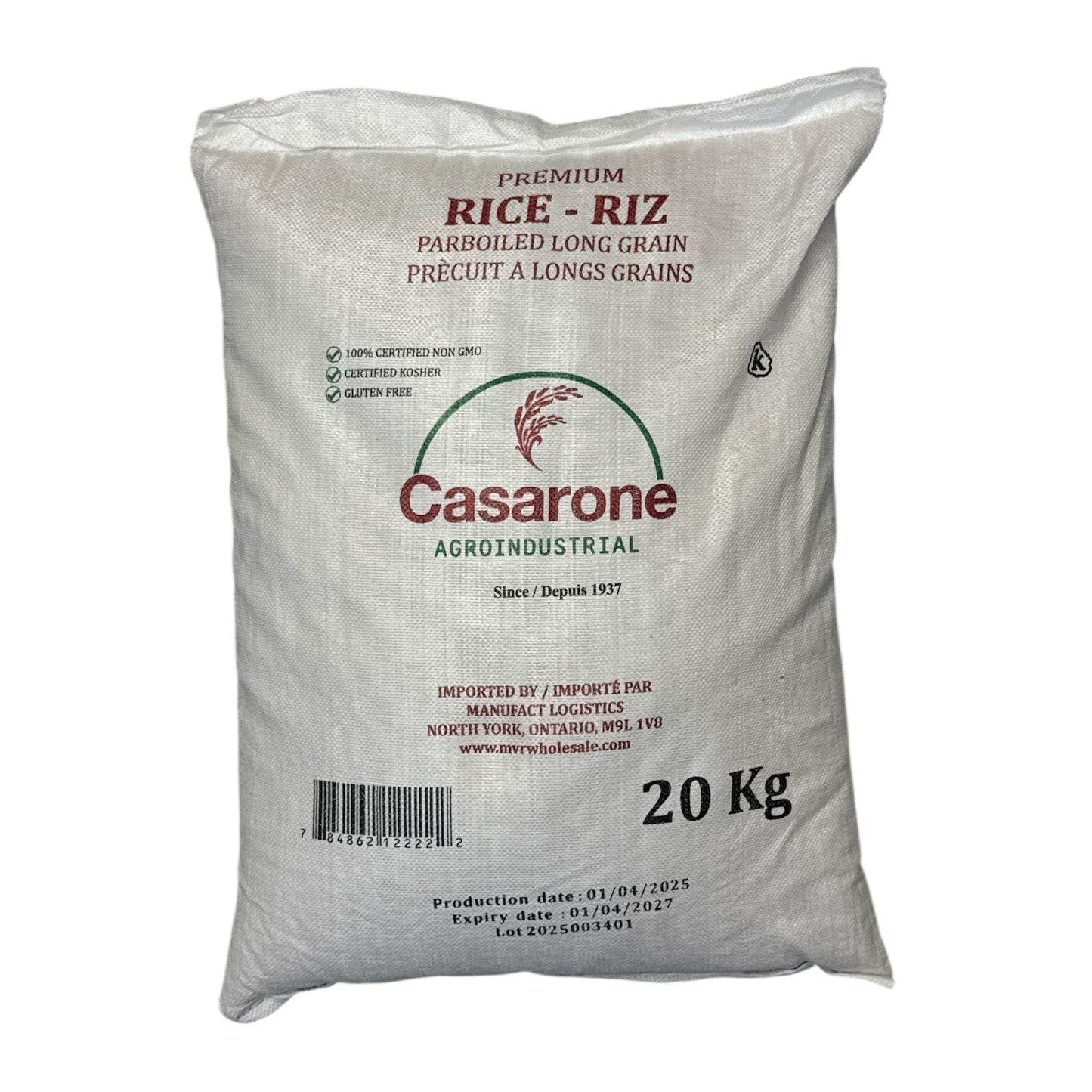 Casarone Parboiled Long Grain Rice - 20kg